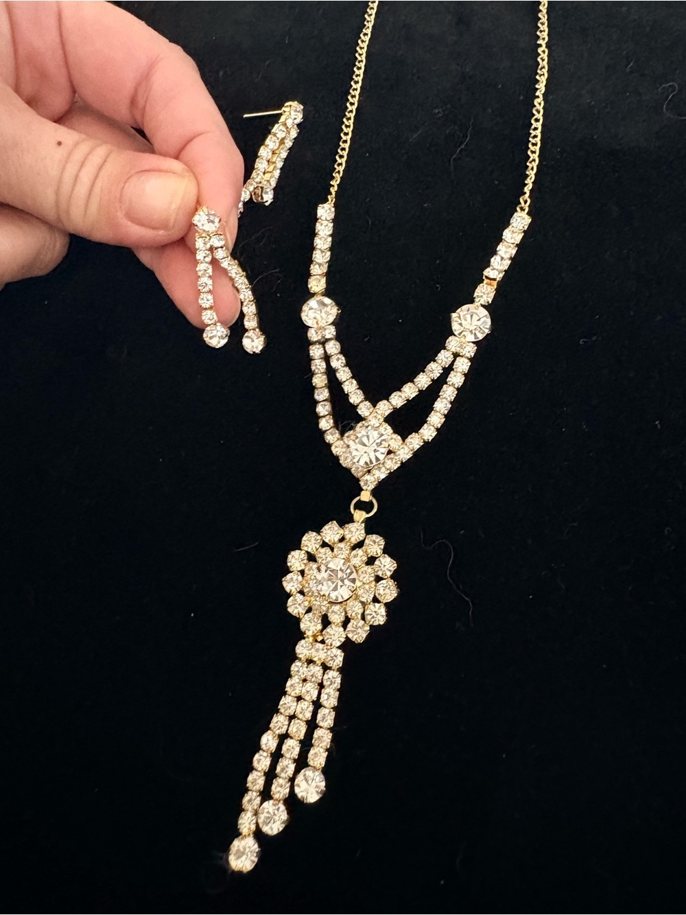 Gold-Tone Crystal Pendant Necklace & Drop Earrings Set